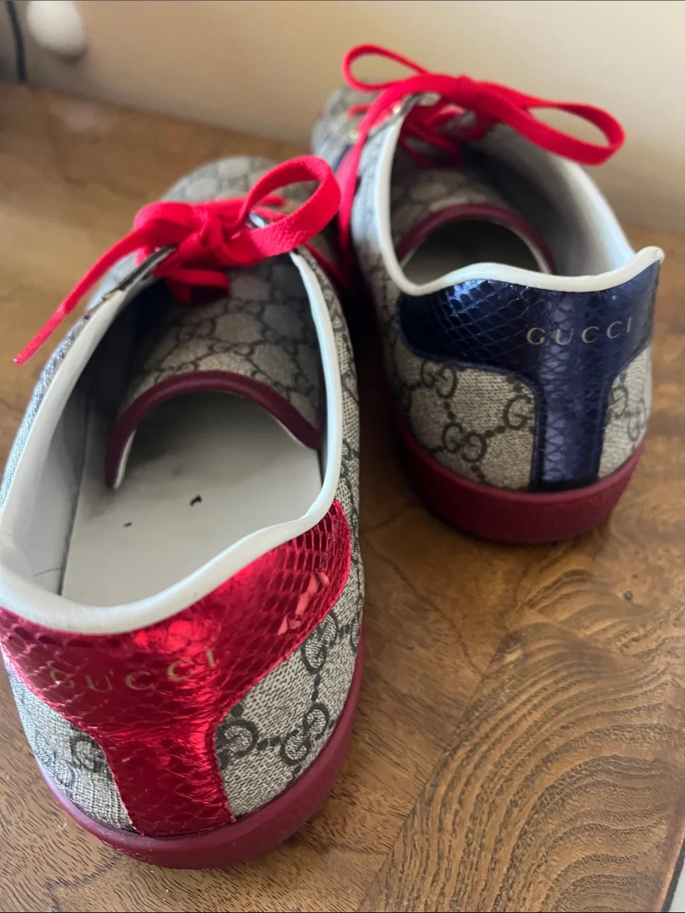 Gucci Beige GG Supreme Canvas Sneakers with Red Accents and Navy Stripe